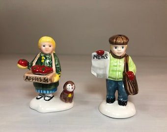 Dept 56- Girls Selling Apples and News Boy - Snow Village Department 56 RETIRED -Vintage Christmas Village Accessory - Holiday Village Decor
