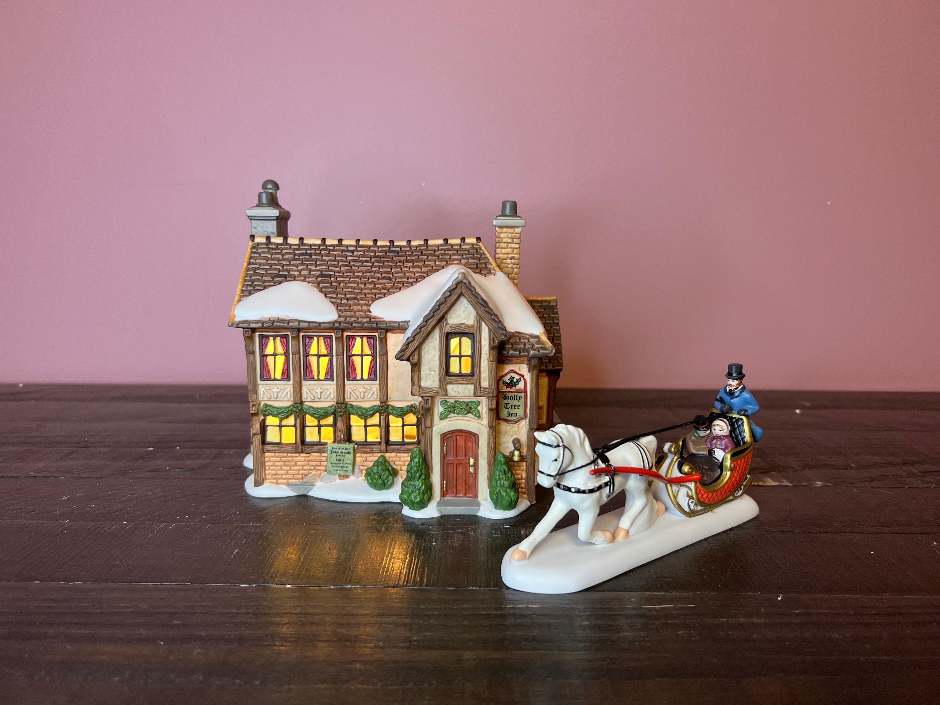 Dept 56 Holly Tree Inn set of 2: Dickens' Village Series Department 56-RETIRED  Vintage Christmas Village Porcelain Lighted House 