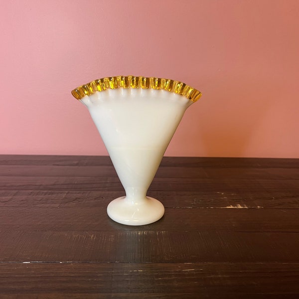 Vintage Silver Crest Milk Glass Fan Dish with Ruffled Top Yellow Scalloped Trim, Antique Milk Glass Home Decor, Vintage Wedding Glass Decor