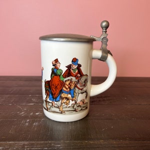 Vintage Bavarian Beer Stein with Colorful Horseback Riding Scene & Pewter Lid - Made in Germany; Collectible German Artwork, German Beer Mug