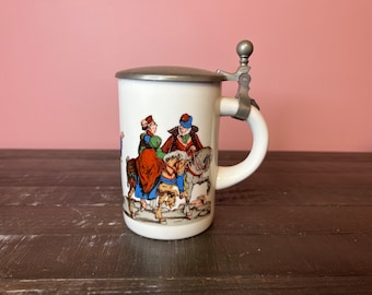 Vintage Bavarian Beer Stein with Colorful Horseback Riding Scene & Pewter Lid - Made in Germany; Collectible German Artwork, German Beer Mug