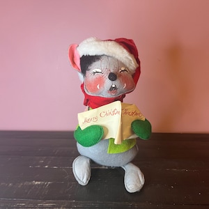 1965 Annalee Doll - 12 inch Caroling Holiday Mouse with Santa House; Cute Christmas Decor; Plush Holiday Decor, Handmade Doll