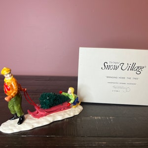 Dept 56: Bringing Home The Tree- Snow Village Series; Department 56 RETIRED - Vintage Christmas Village Accessory, Miniature Christmas