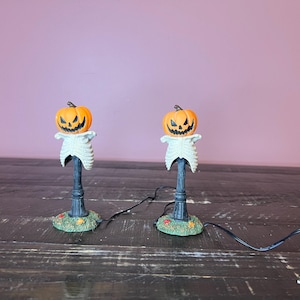 Dept 56: Creepy Pumpkin Street Lights; Halloween Snow Village - Department 56 -RETIRED; Halloween Lit Village Decor; Miniature Halloween