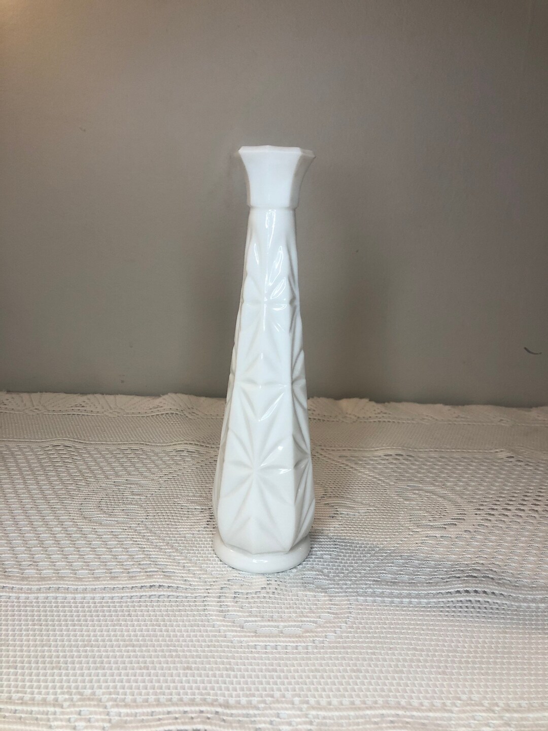 Vintage Hoosier Milk Glass Bud Vase in Starburst Pattern Antique Milk