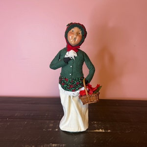 1994 Vintage Byers Choice Caroler -Woman Holding Poinsettia Basket, Handcrafted Holiday Caroler Figurine; Handmade Doll; Artisanal Christmas