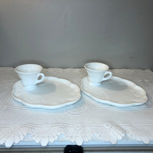 Pair of 2 Vintage Indiana Glass Co. Milk Glass Luncheon Plate and Footed Cup; Harvest Grape Pattern; Antique Milk Glass Kitchen Decor