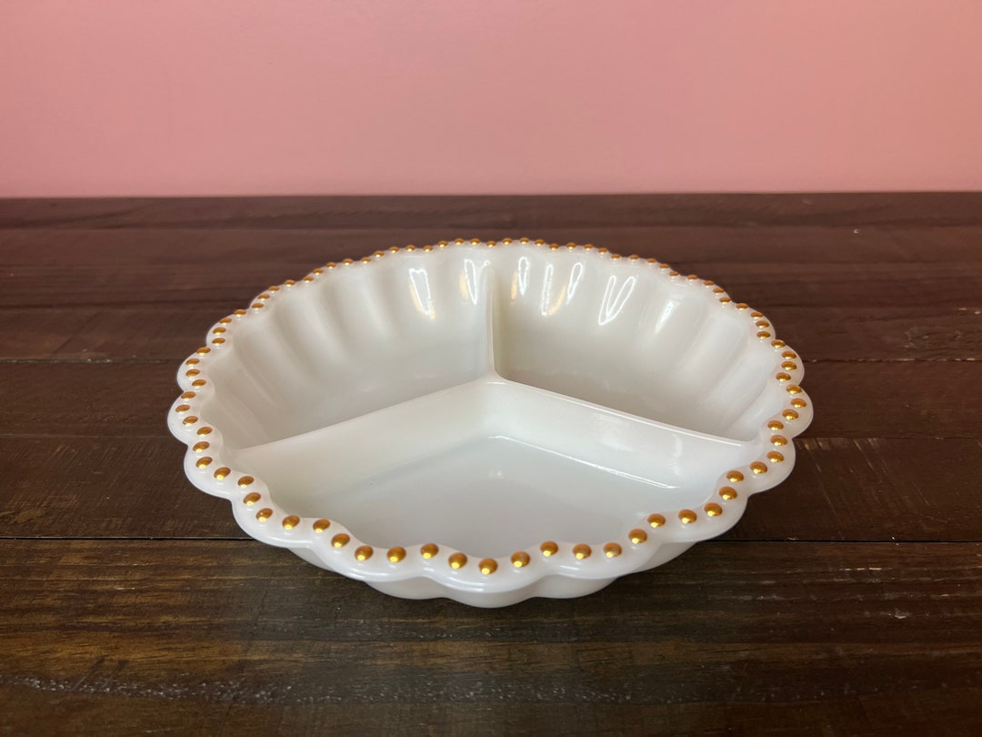 Vintage Fire King Milk Glass Divided Dish With Gold Trim Accents