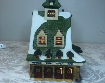 Dept 56: Reindeer Barn- North Pole Series; Department 56 - RETIRED Vintage Christmas Village Lighted House, Miniature Christmas Scene