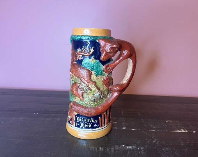 Vintage German Beer Stein With Fox Handle Forest Scene Made in Germany