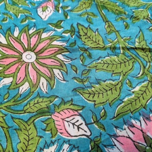 1 yard cotton voile fabric - Pure Cotton Jaipuri Blue With Pink Sunflower Jaal Hand Block Print Fabric