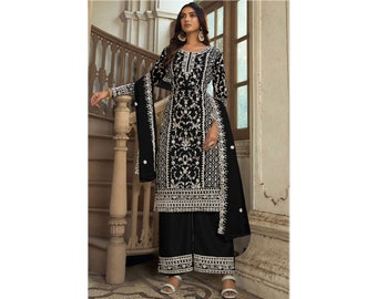 Charming Black Color Pakistani Reception Wear Plazzo Dress With Dupatta Indian Ethnic Wedding Party Wear Embroidery Worked Plazo Kameez Suit