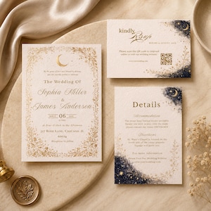 Celestial Wedding Invitation Template Bundle , Printable & Fully Editable in Canva , Wedding Invitations, RSVP, Detail Card Instant Download