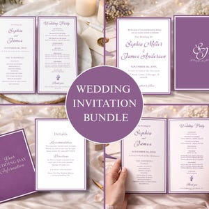 May include: A collection of wedding invitations in a purple and white colour scheme. The invitations feature details such as names, dates, and ceremony information. The bundle includes different invitation styles, including a wedding day information card, all with a clean, elegant design.
