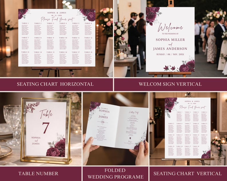 Editable Burgundy Wedding Invitation Suite Template, Floral Printable ...