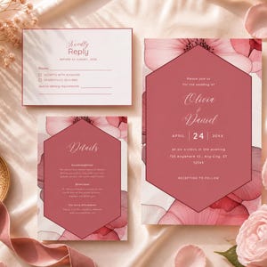 Terracotta Wedding Invitation Suite | Modern Geometric Invite Template | Rust Red Floral Printable Invitation Set | RSVP, Details & QR Code