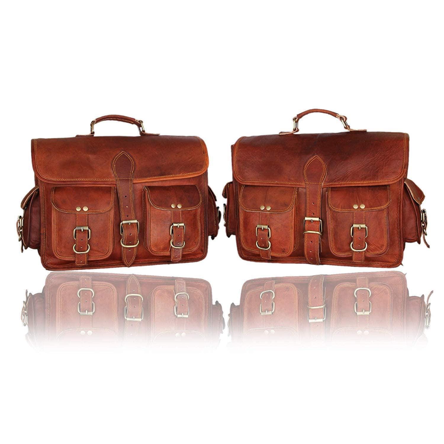 Saddle Bags Motorcycles Bike Powersports Accessories Road Bicycle 15 Inch Pair Leather Brown Scooter Panniers Saddlebag Saddle Rear Rack Bag