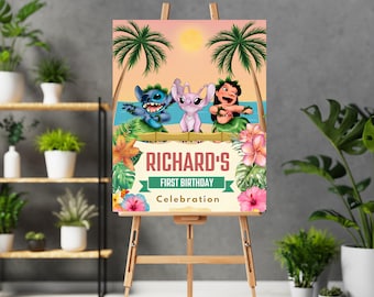Placa de boas-vindas personalizada Lilo & Stitch Modelo editável Cartaz de aniversário de boas-vindas Lilo e Stitch Faixa de ponto Placa de festa de boas-vindas Stitch