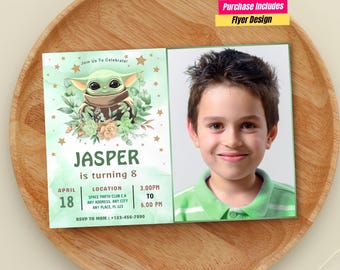 Invitación de Grogu Mandalorian con foto Invitación con foto de cumpleaños de Grogu Mandalorian Invitación de cumpleaños con foto de Star Wars Mandalorian Tema de Grogu