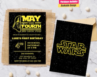 Invitación de cumpleaños de Star Wars Que el cuatro esté contigo Tema de Star Wars Invitación del 4 de mayo Invitación oscura de Star Wars Cumpleaños de Darth Vader