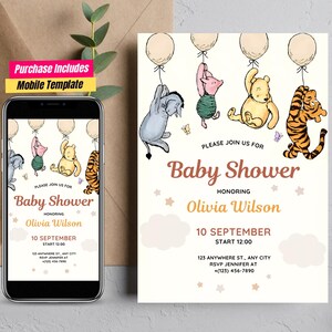 Invitation de baby shower Winnie l'ourson modifiable Oh Boy, modèle imprimable d'invitation Winnie l'ourson Winnie l'ourson Baby Shower carte fête de l'ourson