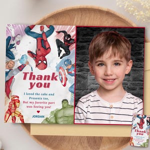 Tarjeta de agradecimiento con foto de fiesta de los Vengadores Spiderman y amigos Ironman Capitán América Thor Hulk gracias Etiqueta de agradecimiento con foto de los Vengadores para niño