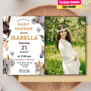 Invitación con foto para baby shower de animales de fiesta, tarjeta de baby shower de safari salvaje con foto, baby shower de safari en la jungla, baby shower de género neutro salvaje