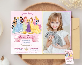 May include: A pink and yellow invitation card with a photo of a young girl holding a grey rabbit. The card features a group of Disney princesses and the text "You are Invited", "Princess Claudia", "is celebrating her third birthday", "Celebrate with us", "September 18th", "6:30 - 8:30", "123 Anywhere", "Street, Any city", "Please RSVP to Avery Davis, Call or Text: +123-456-7890".