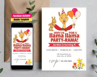 Puede incluir: Una invitación imprimible para una fiesta de cumpleaños con temática de llama. La invitación presenta una llama de dibujos animados con una camisa roja y un gorro de fiesta. El texto de la invitación dice "Join us for a Llama Llama Party-Rama! Jordan is turning 4".