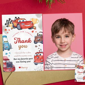 Cartão de agradecimento para festa de aniversário de carros com foto Cartão de presente para foto de aniversário de carros relâmpago Etiquetas para festa de aniversário de carros Cartão de agradecimento para foto