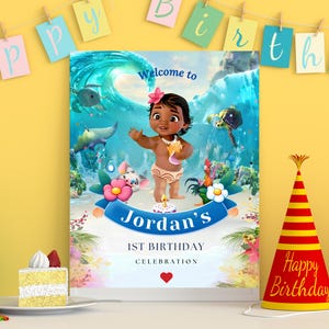 May include: A colorful birthday party sign with a cartoon character of a young girl with brown hair and a blue dress. The sign says "Welcome to Jordan's 1st Birthday Celebration".