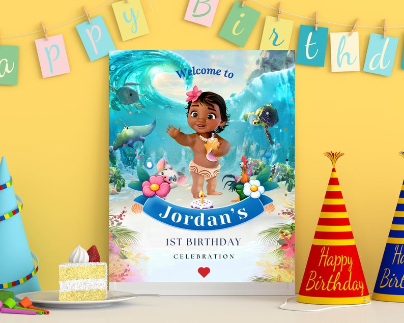 May include: A colorful birthday party sign with a cartoon character of a young girl with brown hair and a blue dress. The sign says "Welcome to Jordan's 1st Birthday Celebration".
