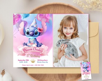 Stitch Birthday Invitation with Photo, Pink Watercolor Stitch Girls Party Invite Pink lilo and Stitch Photo Invitation Stitch Birthday Party