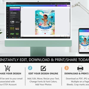 May include: A digital mockup of a printable invitation for a birthday party. The invitation features a cartoon image of a young girl with brown hair and a blue dress, standing in front of a blue ocean background. The text on the invitation reads "Welcome to Jordan's 1st Birthday Celebration".