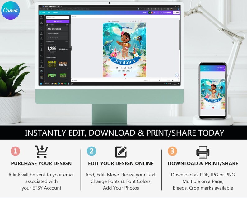 May include: A digital mockup of a printable invitation for a birthday party. The invitation features a cartoon image of a young girl with brown hair and a blue dress, standing in front of a blue ocean background. The text on the invitation reads "Welcome to Jordan's 1st Birthday Celebration".