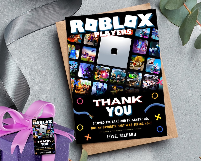 May include: A black thank you card with a Roblox logo and a collage of images from the game. The text on the card reads "Roblox Players Thank You I loved the cake and presents too, but my favorite part was seeing you! Love, Richard".