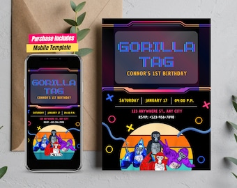 May include: A digital invitation for a 1st birthday party with a retro video game theme. The invitation features a neon blue and pink design with the text "Gorilla Tag" and "Connor's 1st Birthday". The invitation also includes the date, time, and location of the party.