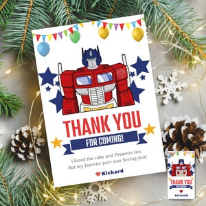 Tarjetas de agradecimiento de Transformers Optimus Prime imprimibles Notas de agradecimiento de Transformers Tema de robot Etiqueta de agradecimiento de Transformers Autobot