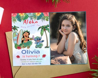 Bearbeitbare Lilo & Stitch Geburtstagsfotokarte Stitch einladen mit Bild Aloha Stitch und lilo Einladung Lilo und Stitch Hula zum Geburtstag