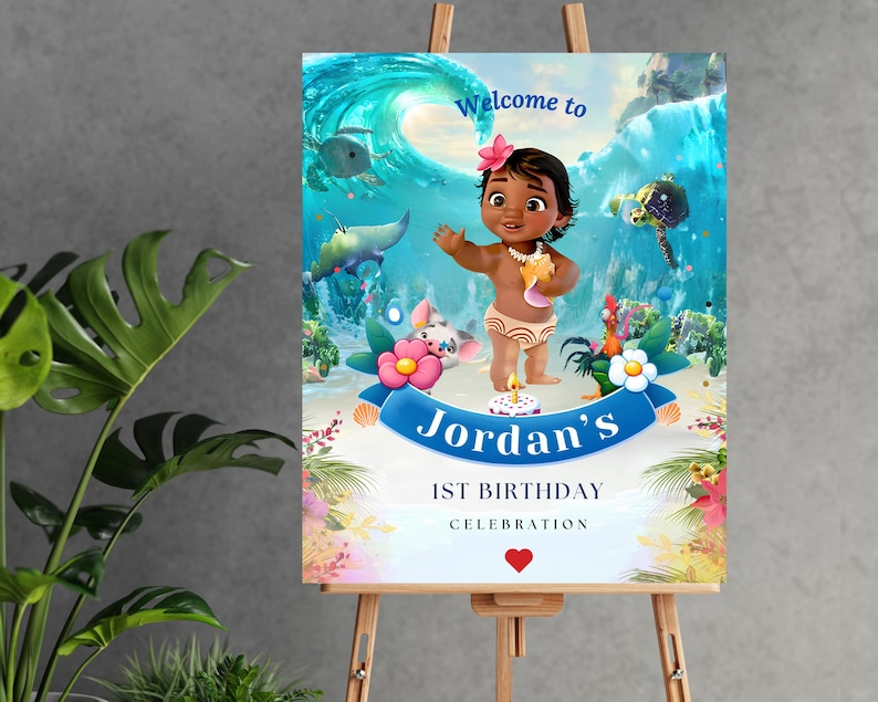 May include: Welcome to Jordan's 1st Birthday Celebration. A colorful party sign with a cartoon image of a girl with brown hair and a flower in her hair. The girl is wearing a brown and white outfit and is standing in front of a blue wave with a tropical background.