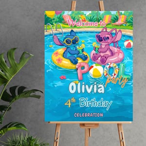 Stitch Welcome to Pool Birthday Party Lilo & Stitch Birthday Welcome Sign Tropical Stitch and Angel Welcome Board Pool Splash Stitch Sign