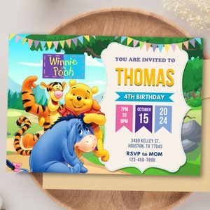 Klassieke Winnie de Pooh verjaardagsuitnodiging, Winnie de Pooh verjaardagsuitnodiging, Pooh Bear digitale uitnodiging Pooh achtergrond verjaardagsfeestje kinderen