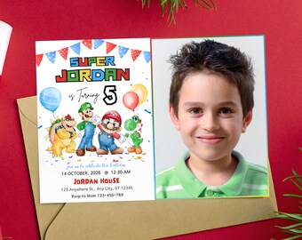 Super Mario Bros Birthday Invitation with photo Super Mario Galaxy photo Invitation card Super Mario Party Mario & luigi Birthday photo Card