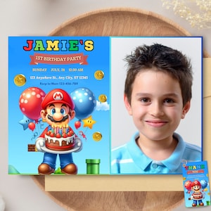 Convite de aniversário com foto do Super Mario Bros Cartão de convite com foto do Super Mario Banner de aniversário do Mario Decoração de festa do Super Mario Festa do Mario