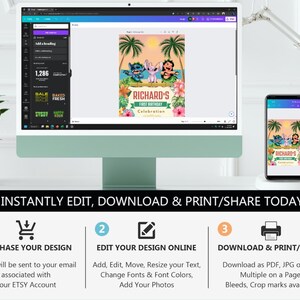 Puede incluir: Plantilla de invitaci&oacute;n digital editable con un personaje de dibujos animados Stitch de la pel&iacute;cula de Disney Lilo & Stitch. La invitaci&oacute;n est&aacute; dise&ntilde;ada para una fiesta de primer cumplea&ntilde;os con un tema tropical. El texto de la invitaci&oacute;n dice "Richard's First Birthday Celebration".