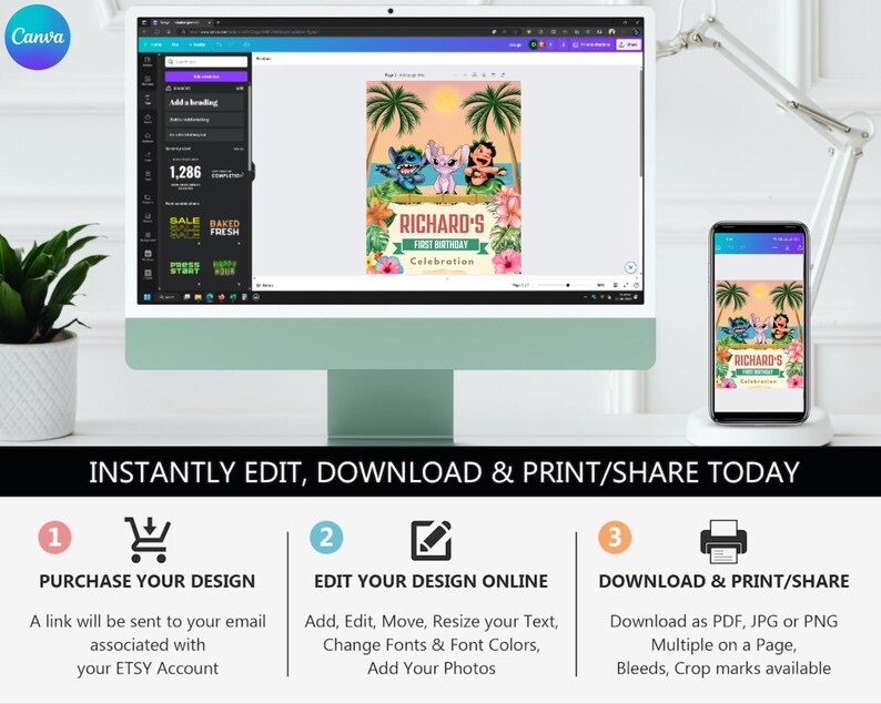 Puede incluir: Plantilla de invitaci&oacute;n digital editable con un personaje de dibujos animados Stitch de la pel&iacute;cula de Disney Lilo & Stitch. La invitaci&oacute;n est&aacute; dise&ntilde;ada para una fiesta de primer cumplea&ntilde;os con un tema tropical. El texto de la invitaci&oacute;n dice "Richard's First Birthday Celebration".