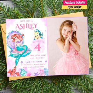 Watercolor Mermaid Birthday Invitation with photo Ariel Birthday photo Template Princess Ariel Photo Invitation Little Mermaid Ariel card