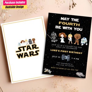 Invitation d'anniversaire Star Wars modifiable, invitation à une fête d'anniversaire Star Wars, invitation d'anniversaire Star Wars, invitation StarWars que le quatrième être avec vous