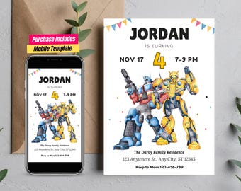 Puede incluir: Una invitación de cumpleaños con una ilustración de un robot azul y amarillo. La invitación dice "JORDAN CUMPLE 4" e incluye la fecha "NOV 17" y la hora "7-9 PM". También se incluye la dirección de la residencia de la familia Darcy y la información de RSVP.