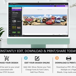 May include: A digital design template displayed on a computer screen featuring a banner with animated race cars, the text Happy 3rd Birthday, and the name Jordan. The interface includes editing tools, and the bottom section outlines instructions.